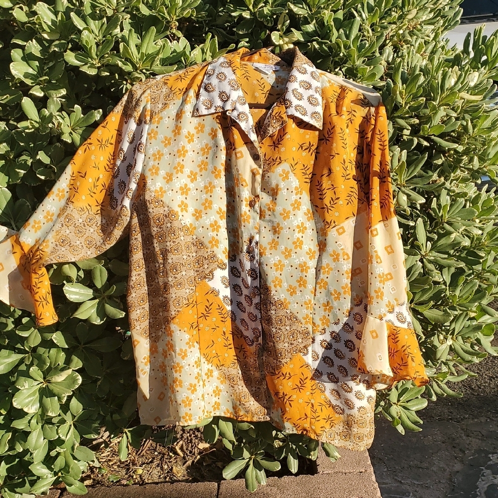 Retro Patchwork Paisley Hippie Floral Blouse- Ruffle Sleeves In Orange & Brown
